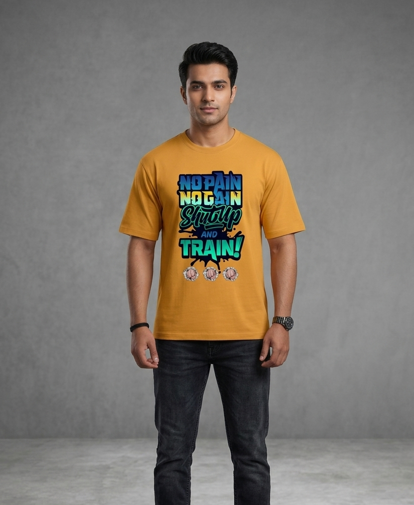 "No Pain. No Gain. Shut Up and Train." Hindi Graphic Tee