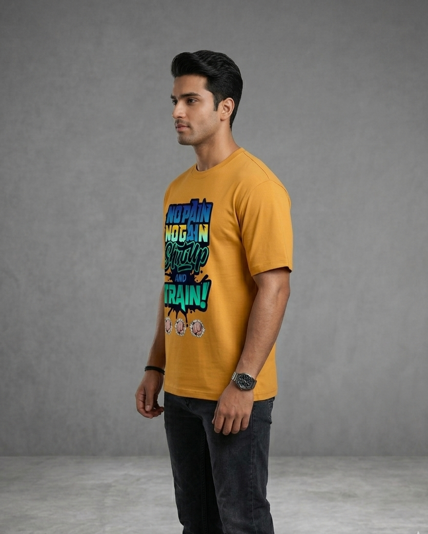 "No Pain. No Gain. Shut Up and Train." Hindi Graphic Tee